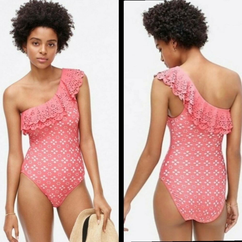 Size 0 women J CREW laser cut one shoulder coral one piece ruffle swimsuit